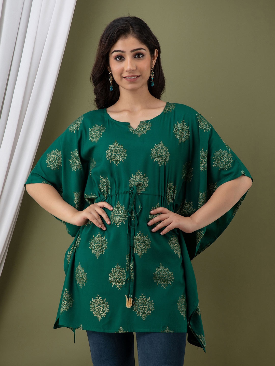 

Mialo fashion Ethnic Motif Printed Notched Neck Kaftan Kurti, Green