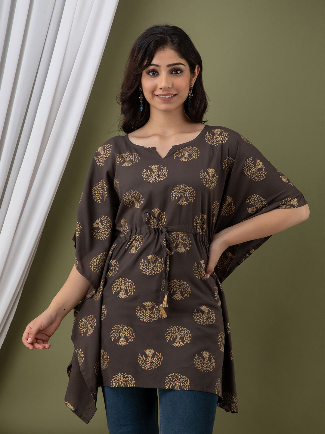 

Mialo fashion Ethnic Motifs Printed V-Neck Flared Sleeves Kaftan Kurti, Brown