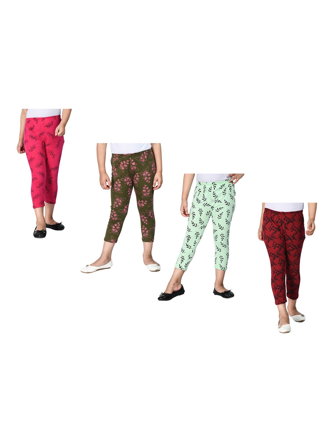 

IndiWeaves Girls Pack Of 4 Printed Pure Cotton Capris, Green