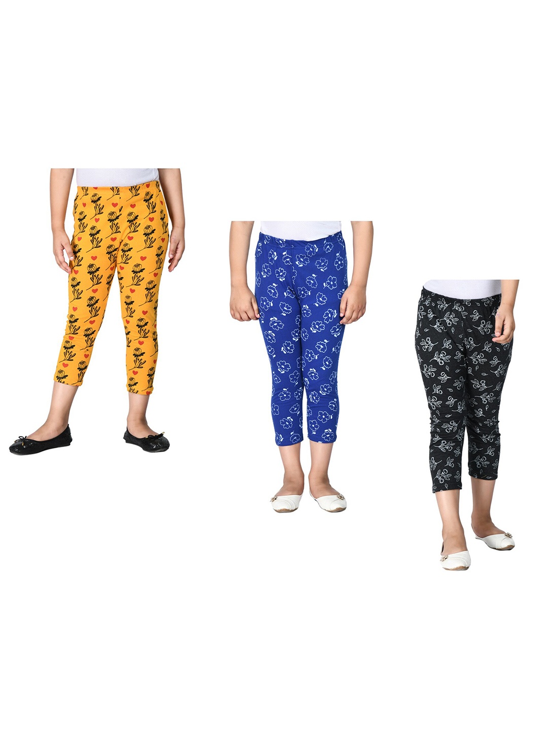 

IndiWeaves Girls Pack Of 3 Printed Pure Cotton Capris, Yellow