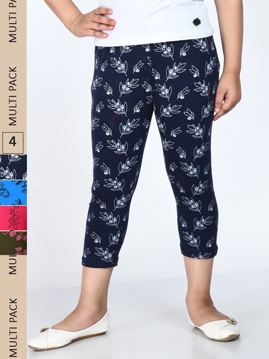 

IndiWeaves Girls Pack Of 4 Printed Cotton Capris, Navy blue