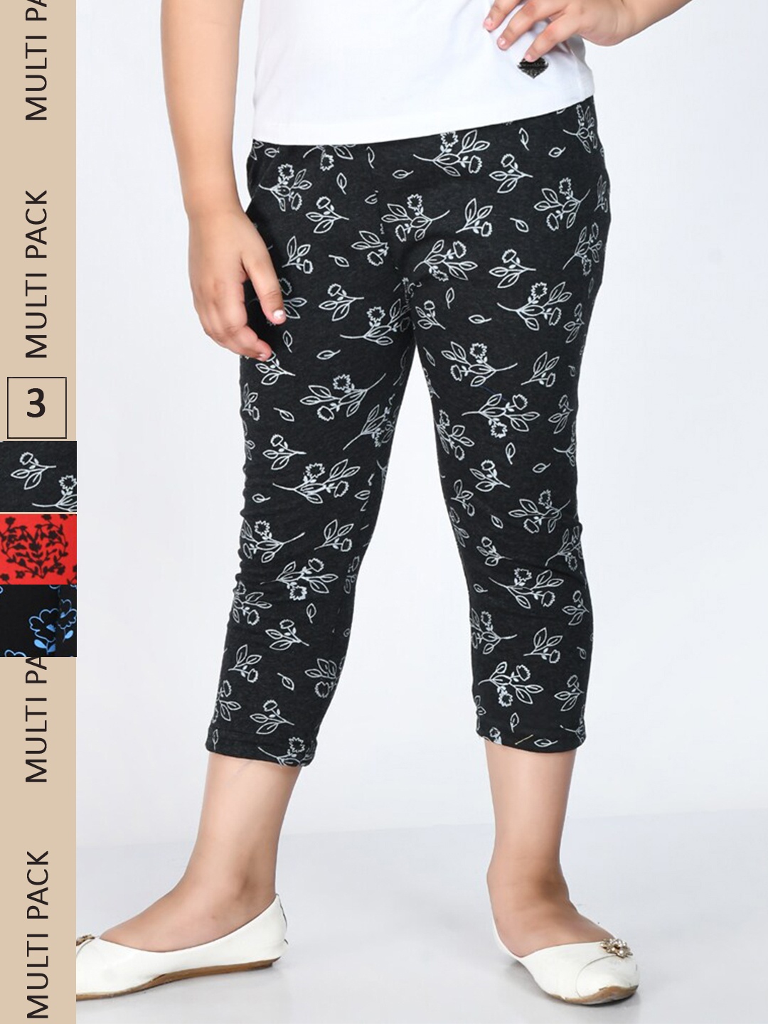 

IndiWeaves Girls Pack Of 3 Printed Pure Cotton Capris, Black