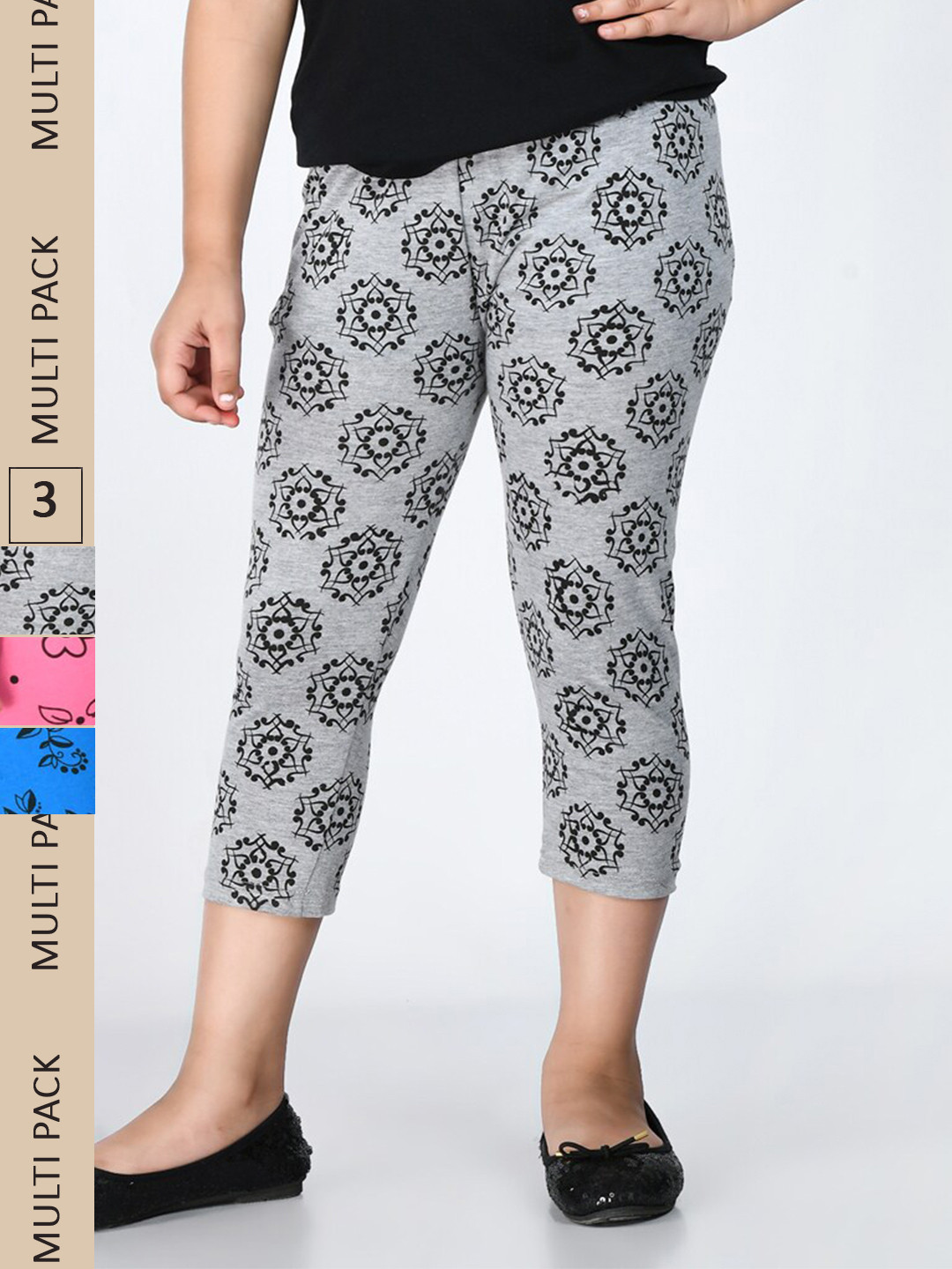 

IndiWeaves Girls Pack Of 3 Printed Cotton Capris, Grey