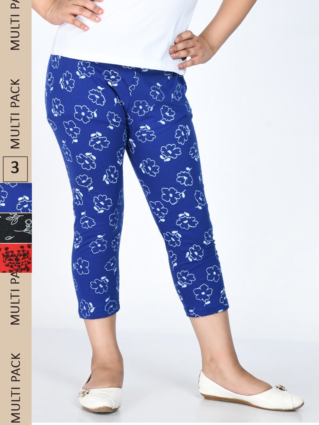 

IndiWeaves Girls Pack of 3 Printed Pure Cotton Capris, Red