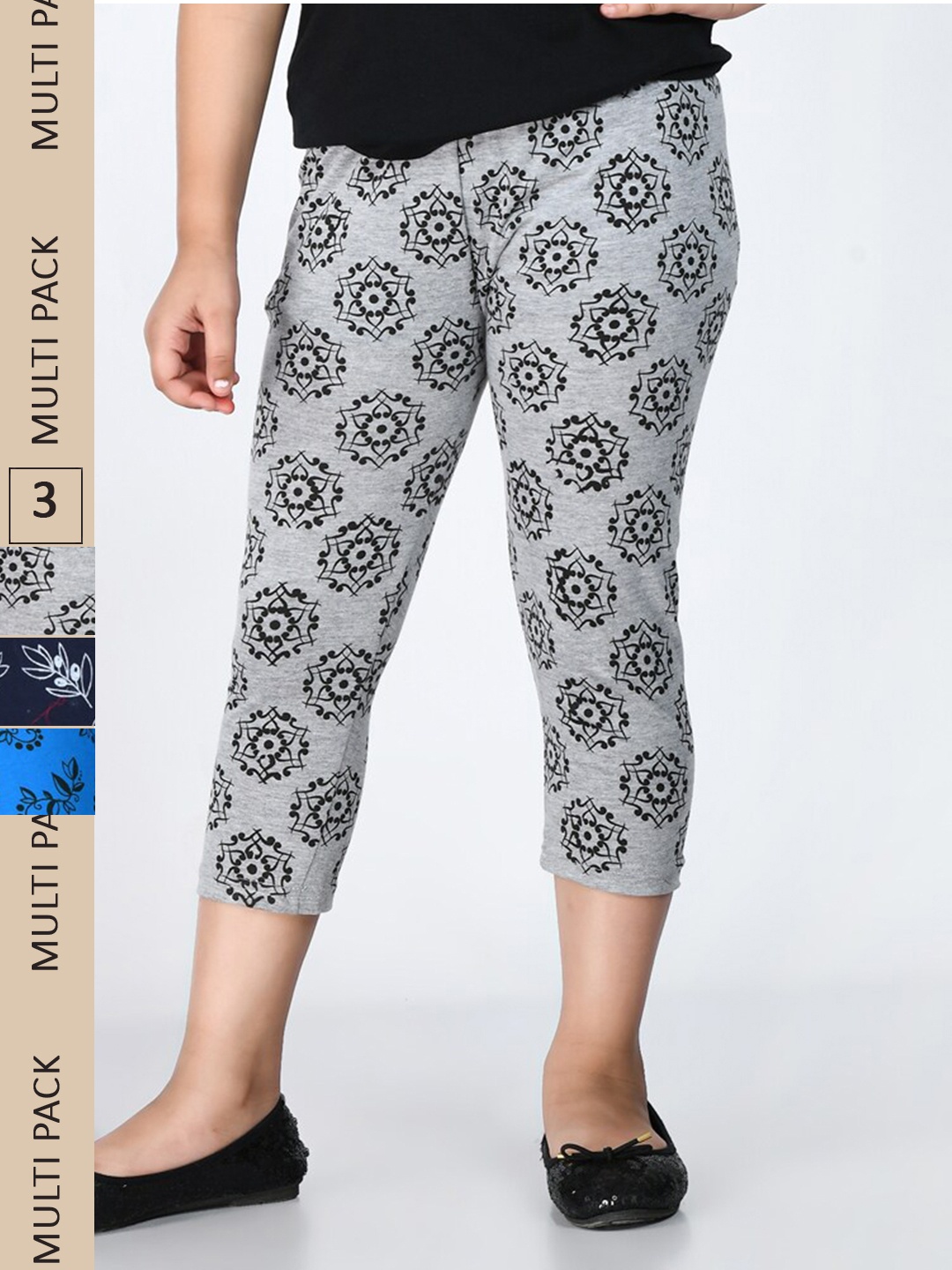 

IndiWeaves Girls Pack Of 3 Printed Pure Cotton Capris, Grey