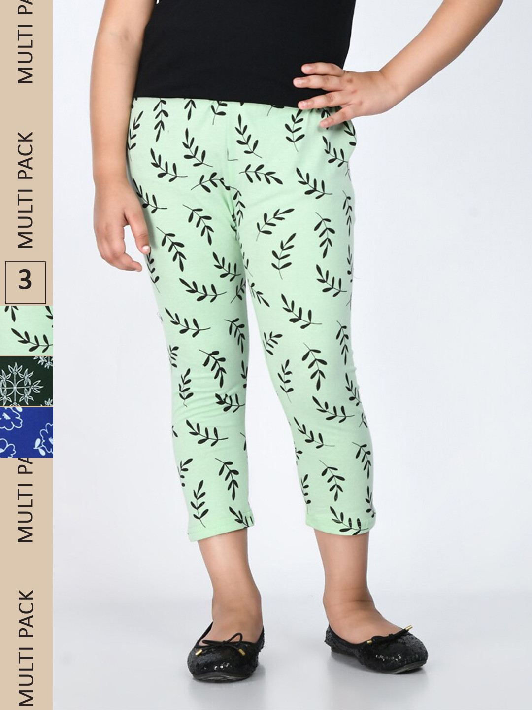 

IndiWeaves Girls Pack Of 3 Printed Slim Fit Cotton Capris, Blue