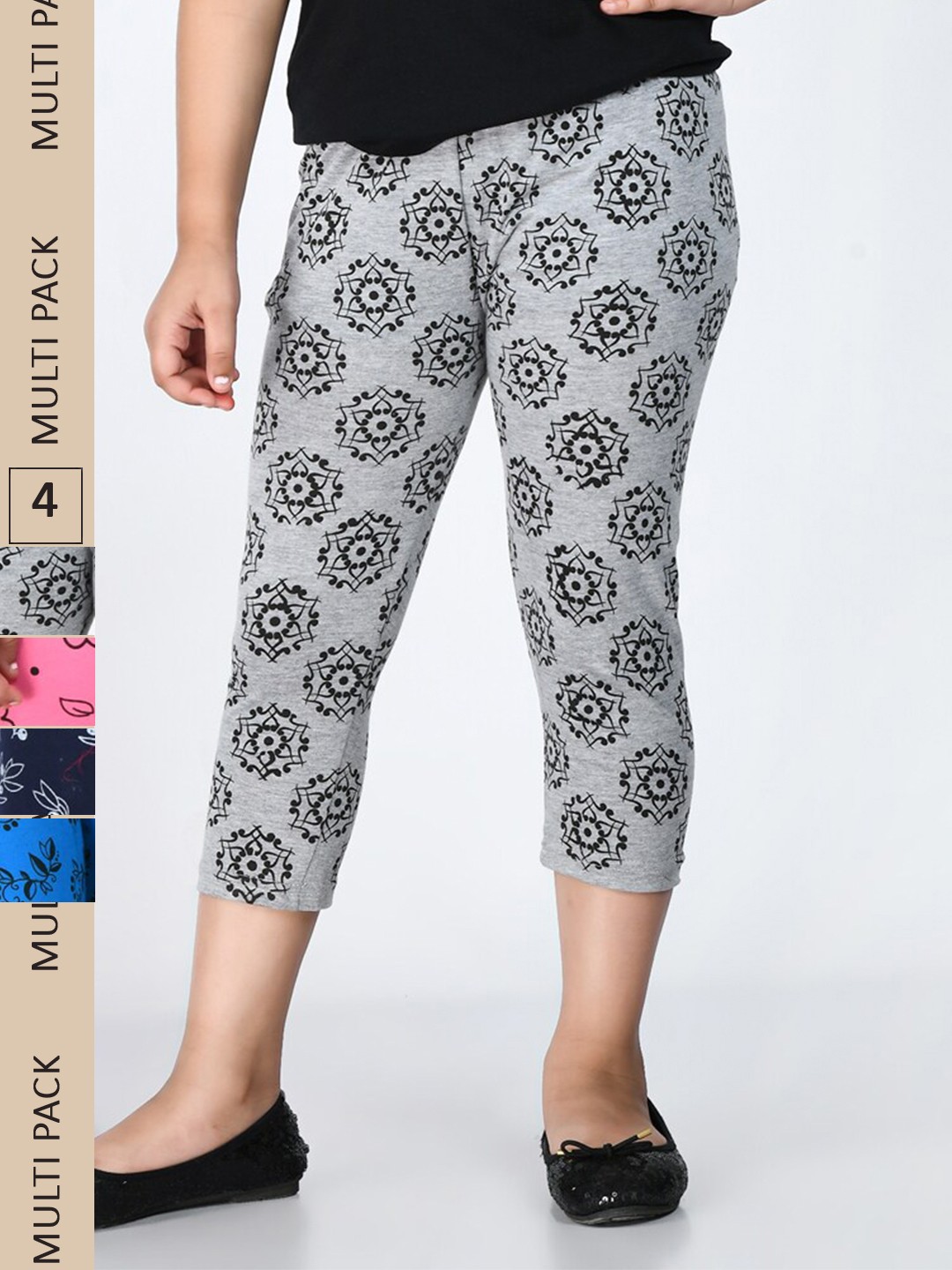 

IndiWeaves Girls Pack Of 4 Printed Cotton Capris, Grey
