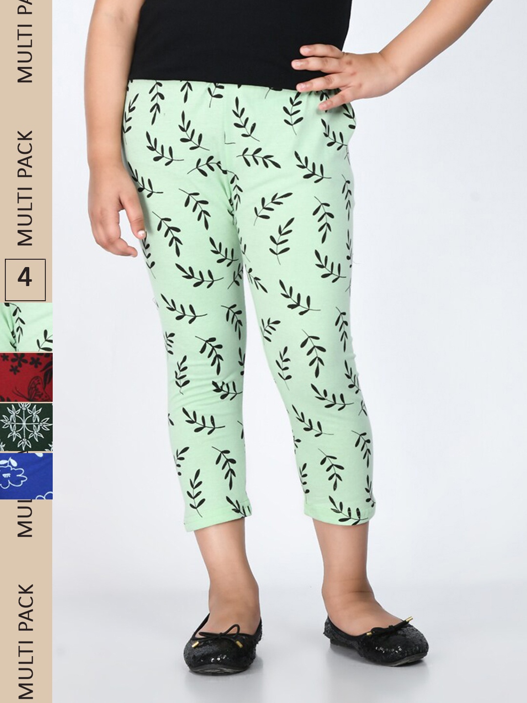 

IndiWeaves Girls Pack of 4 Printed Capris, Green