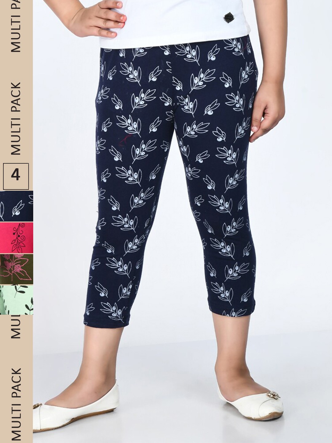 

IndiWeaves Girls Pack Of 4 Printed Slim Fit Cotton Capris, Navy blue