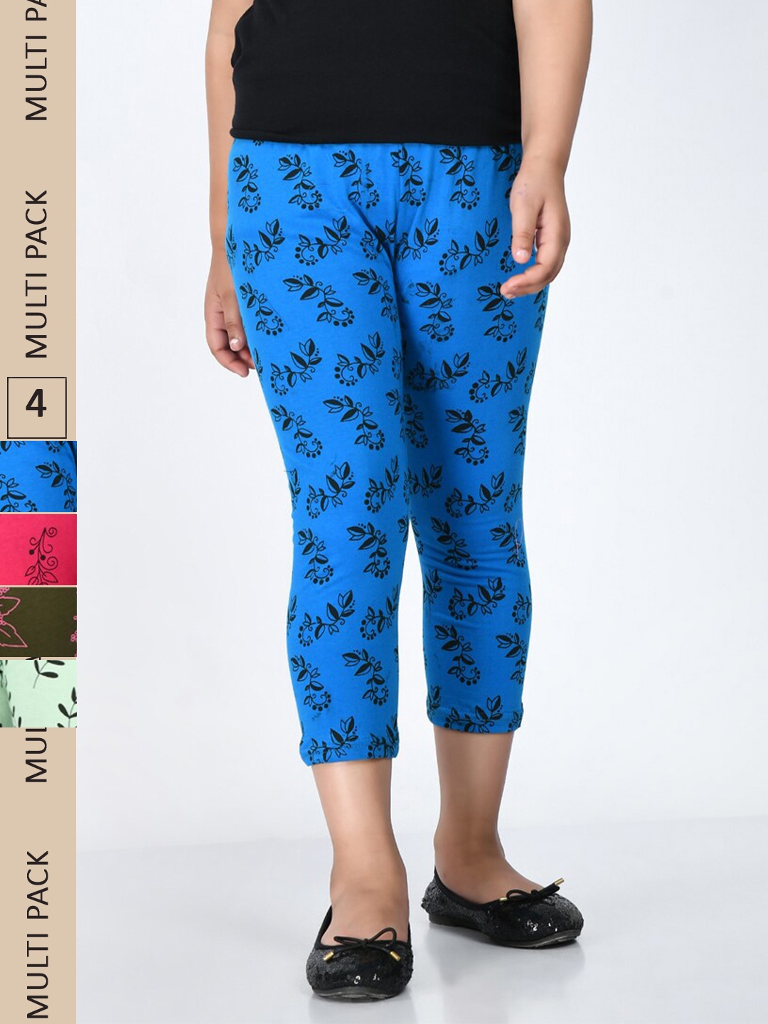 

IndiWeaves Girls Pack Of 4 Printed Pure Cotton Capris, Blue