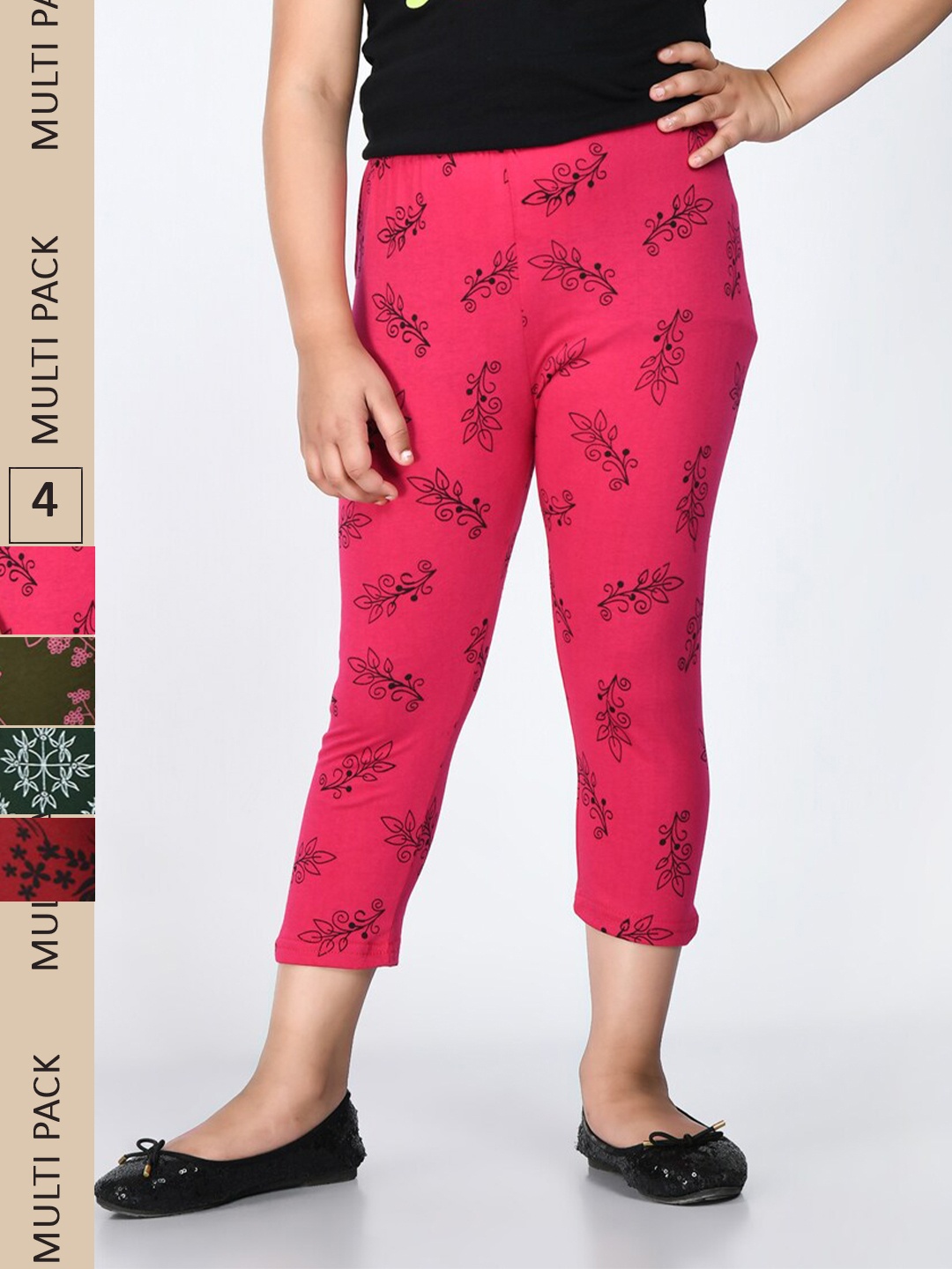 

IndiWeaves Girls Pack Of 4 Printed Slim Fit Cotton Capris, Pink