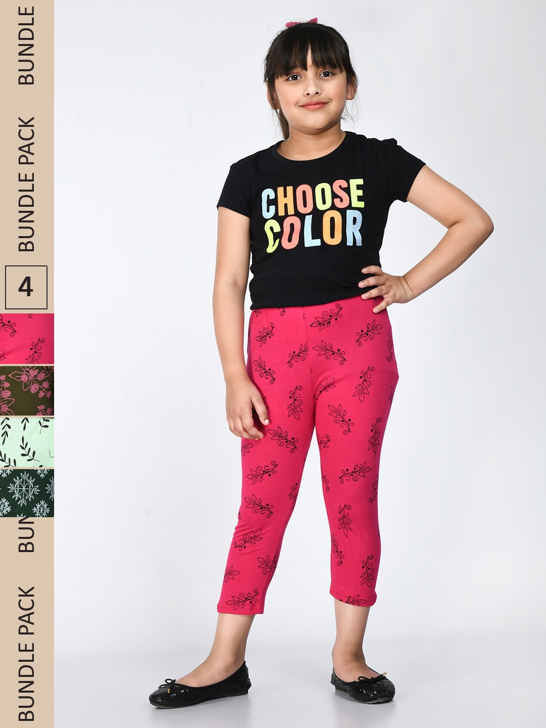 

IndiWeaves Girls Pack Of 4 Printed Pure Cotton Capris, Red