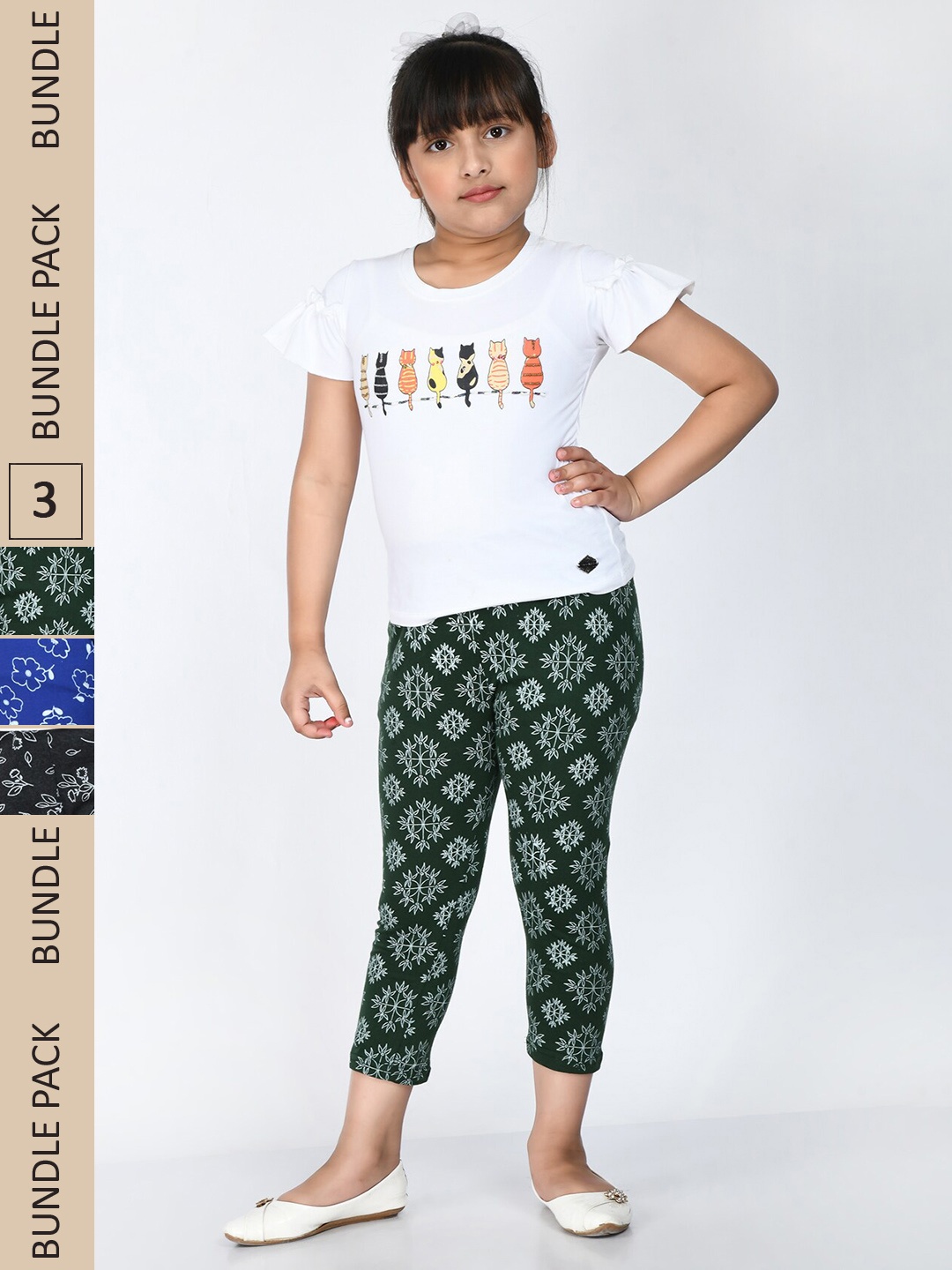 

IndiWeaves Girls Pack Of 3 Printed Pure Cotton Capris, Green
