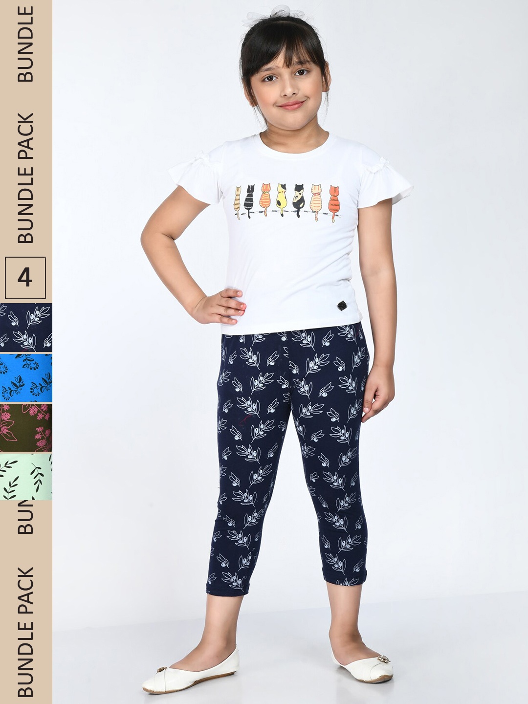 

IndiWeaves Girls Pack Of 4 Printed Pure Cotton Capris, Navy blue