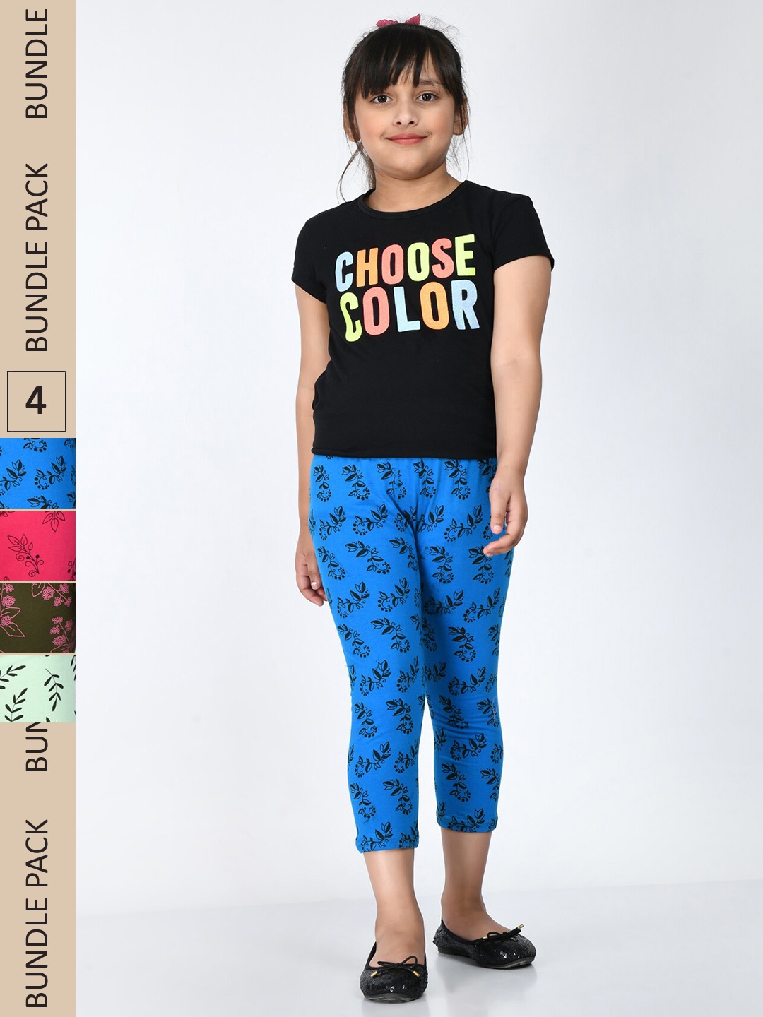 

IndiWeaves Girls Pack Of 4 Printed Slim Fit Cotton Capris, Blue