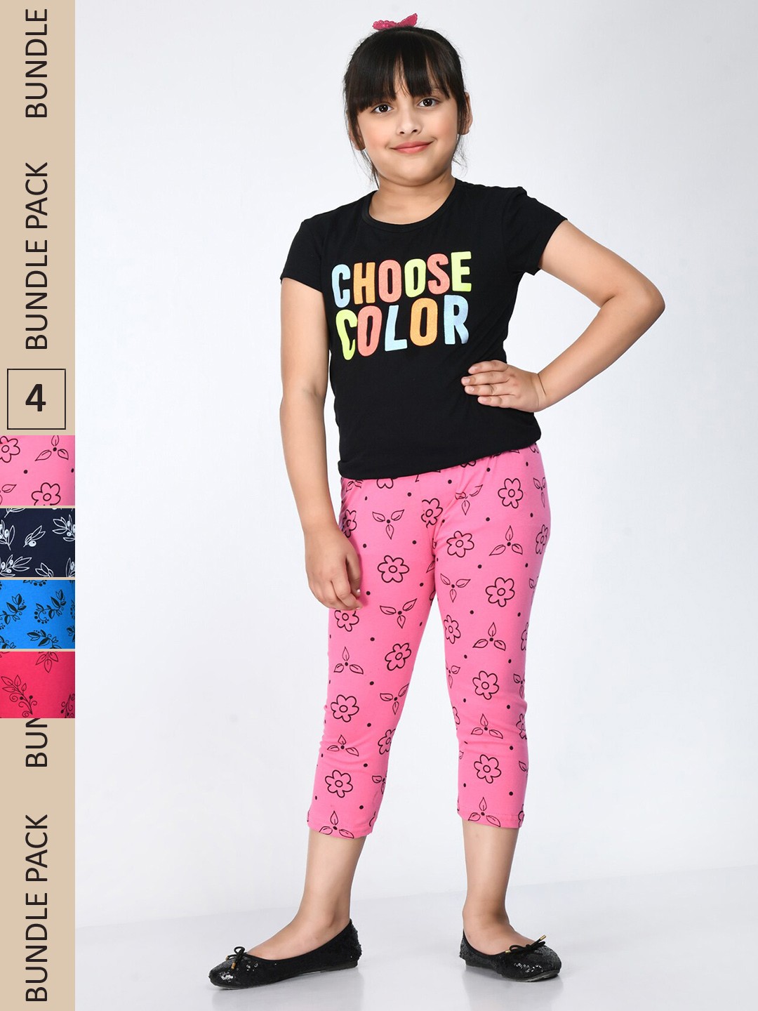 

IndiWeaves Girls Pack Of 4 Printed Cotton Capris, Pink