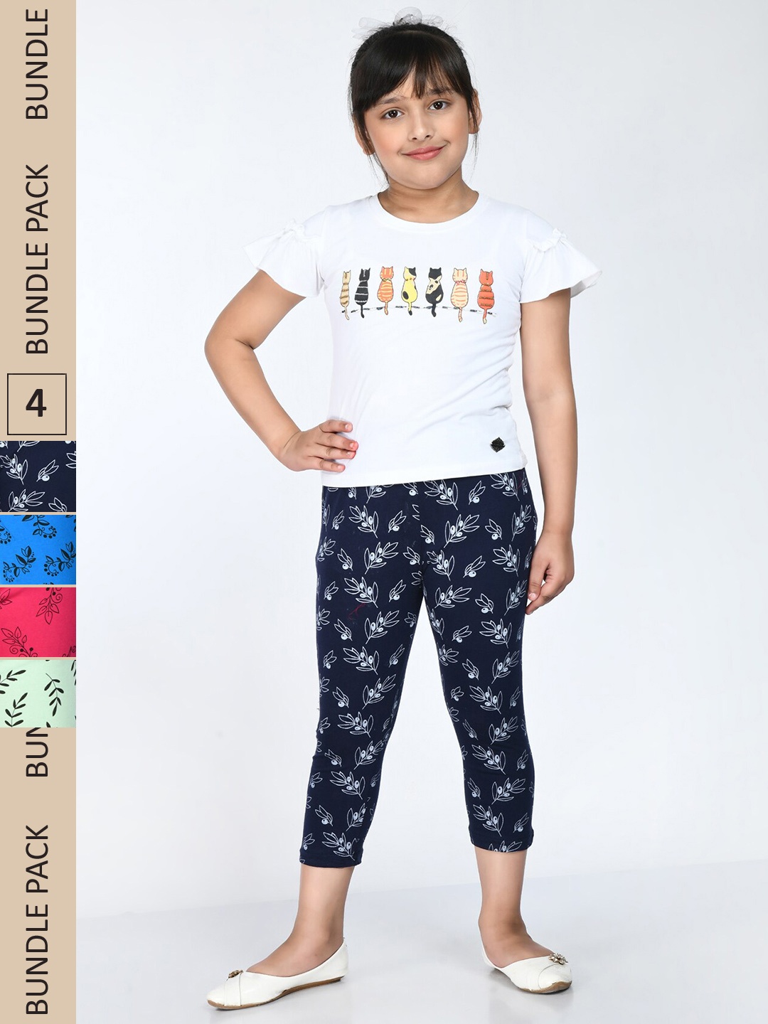 

IndiWeaves Girls Pack Of 4 Printed Pure Cotton Capris, Navy blue