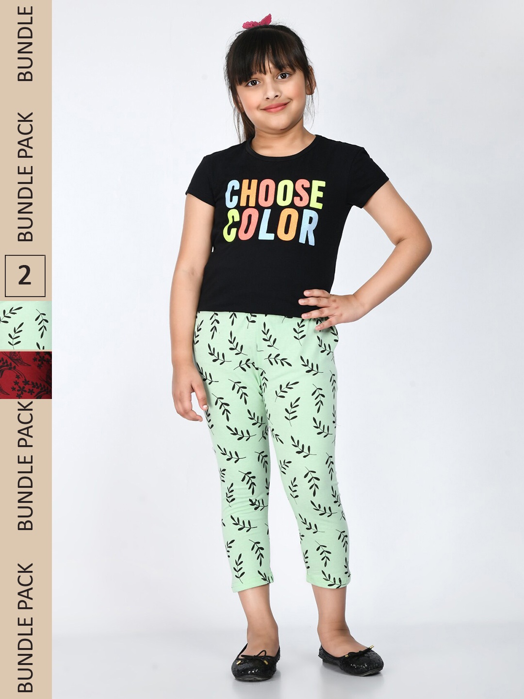 

IndiWeaves Girls Pack Of 2 Printed Cotton Capris, Green