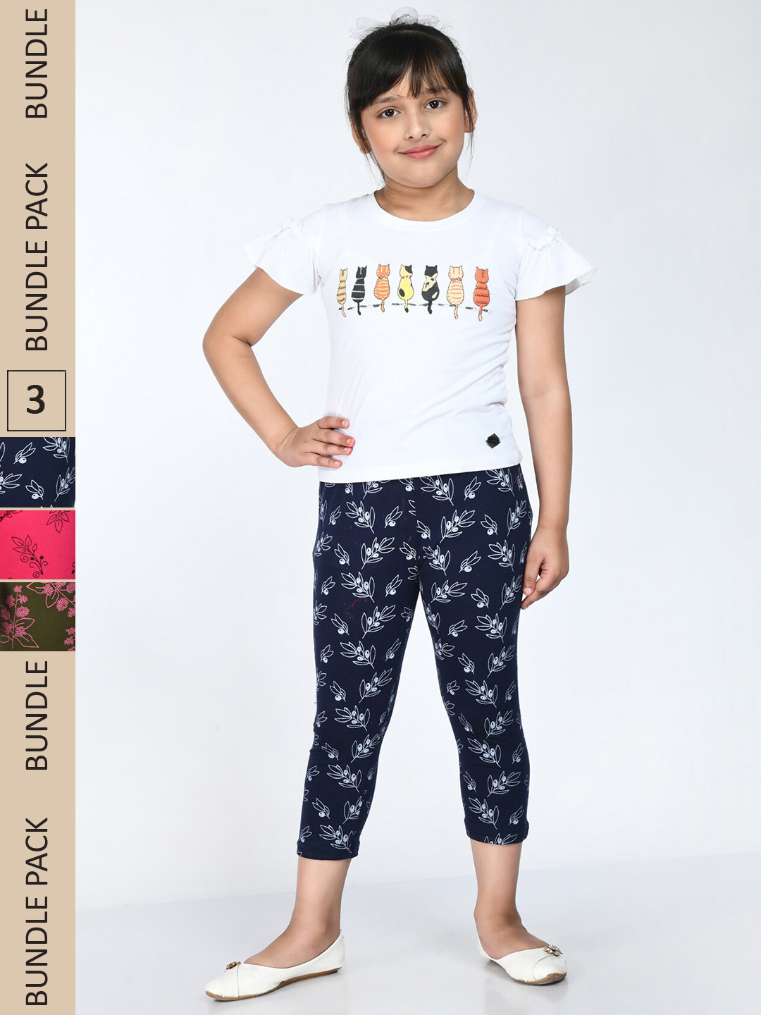 

IndiWeaves Girls Pack of 3 Printed Capris, Navy blue