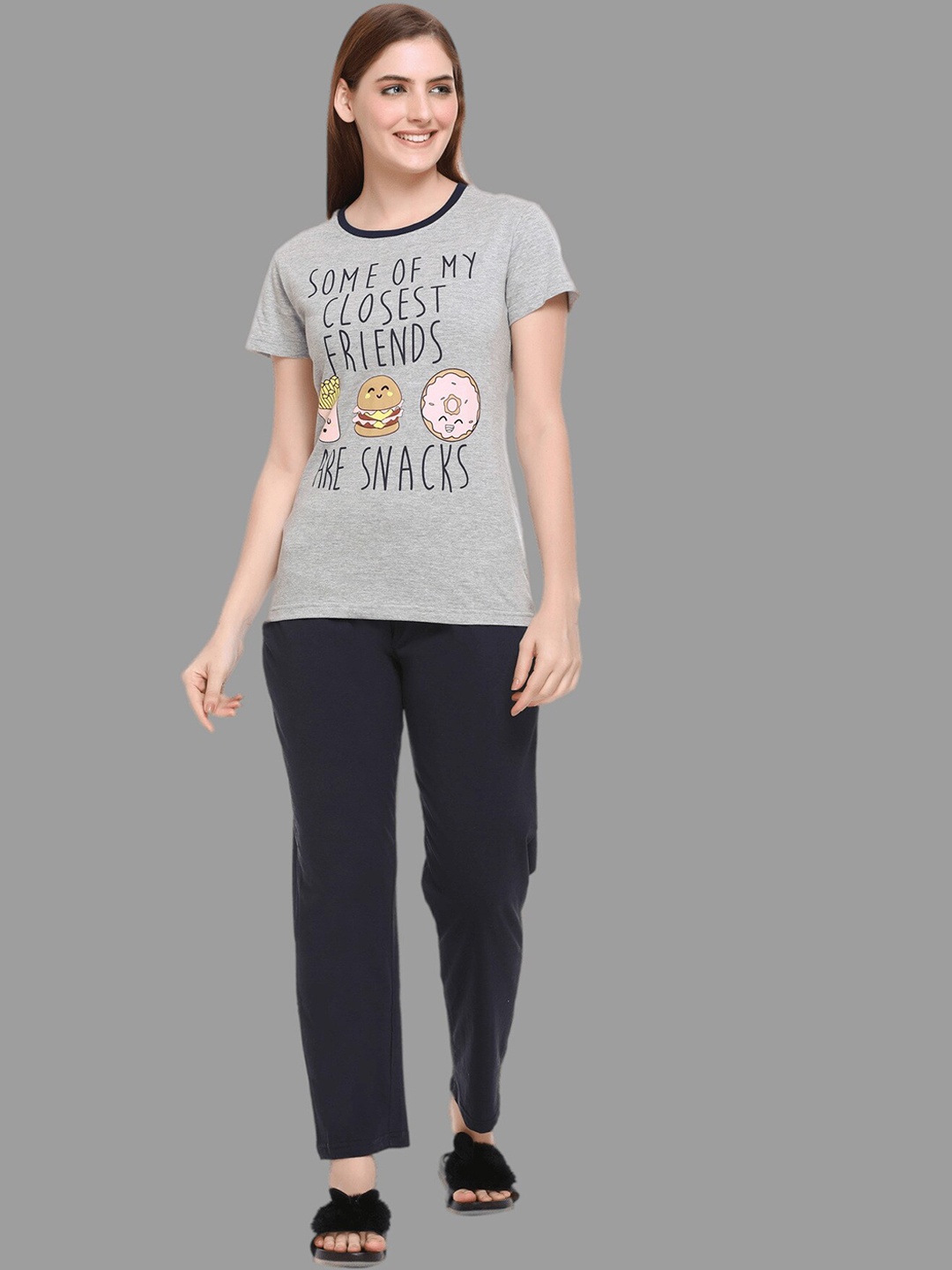 

Y&I Typography Printed Night Suit, Grey