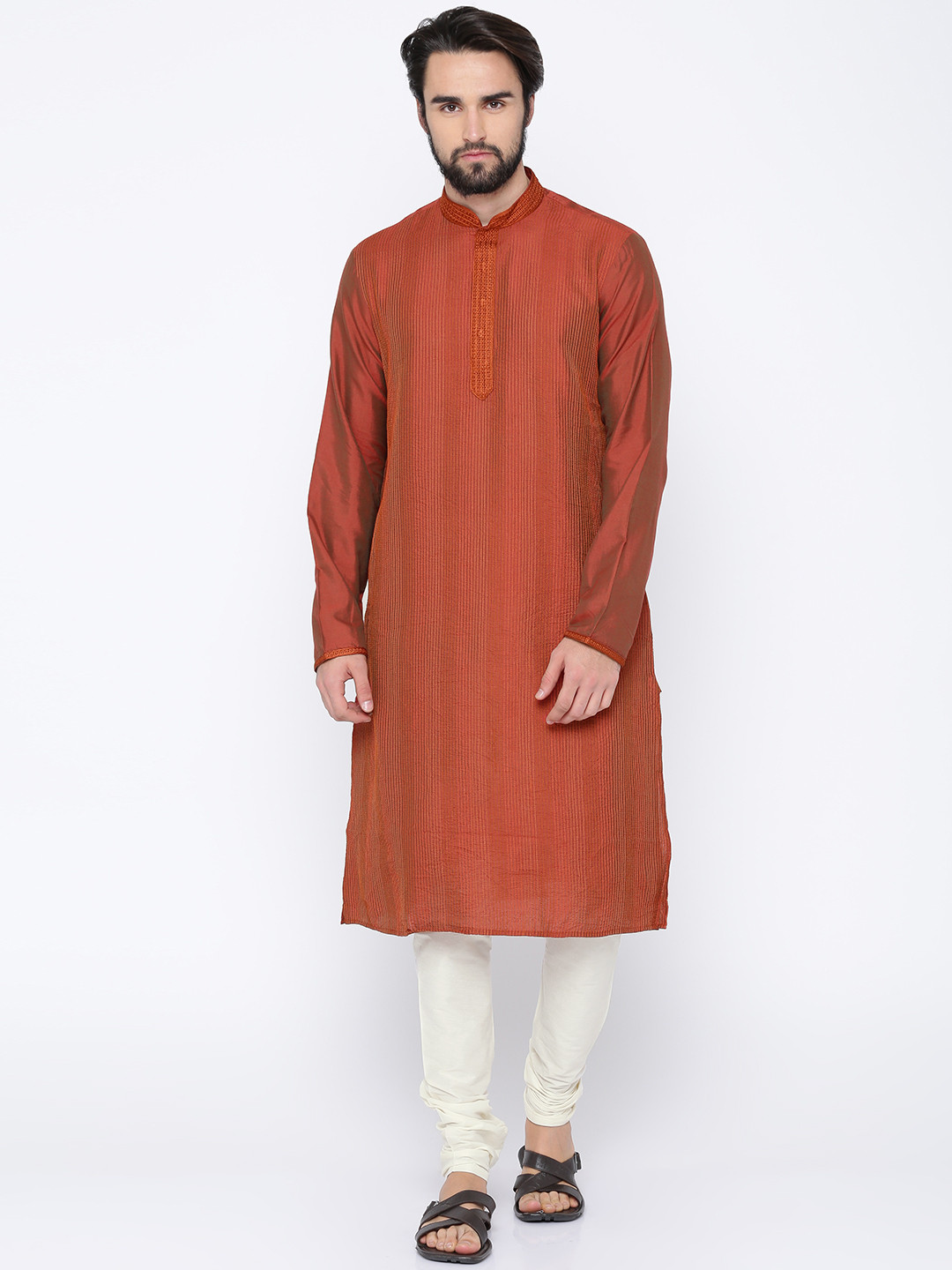 

ethnix by Raymond Men Red & White Striped Kurta with Churidar