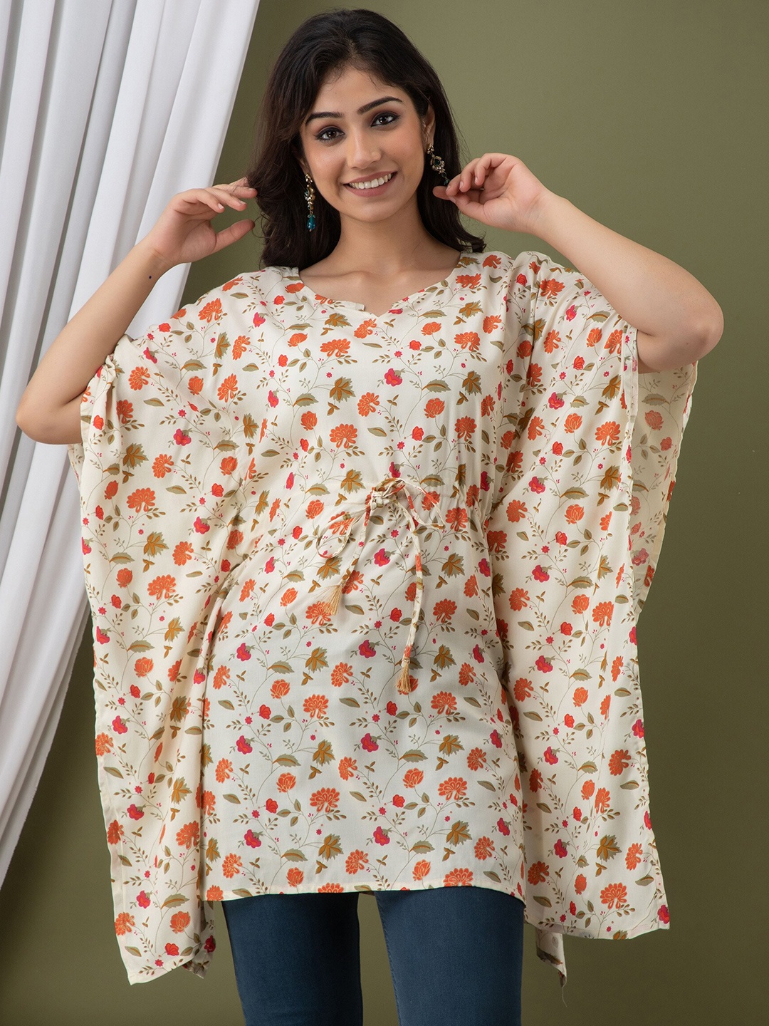 

Mialo fashion Floral Printed Flared Sleeves Kaftan Kurti, Off white