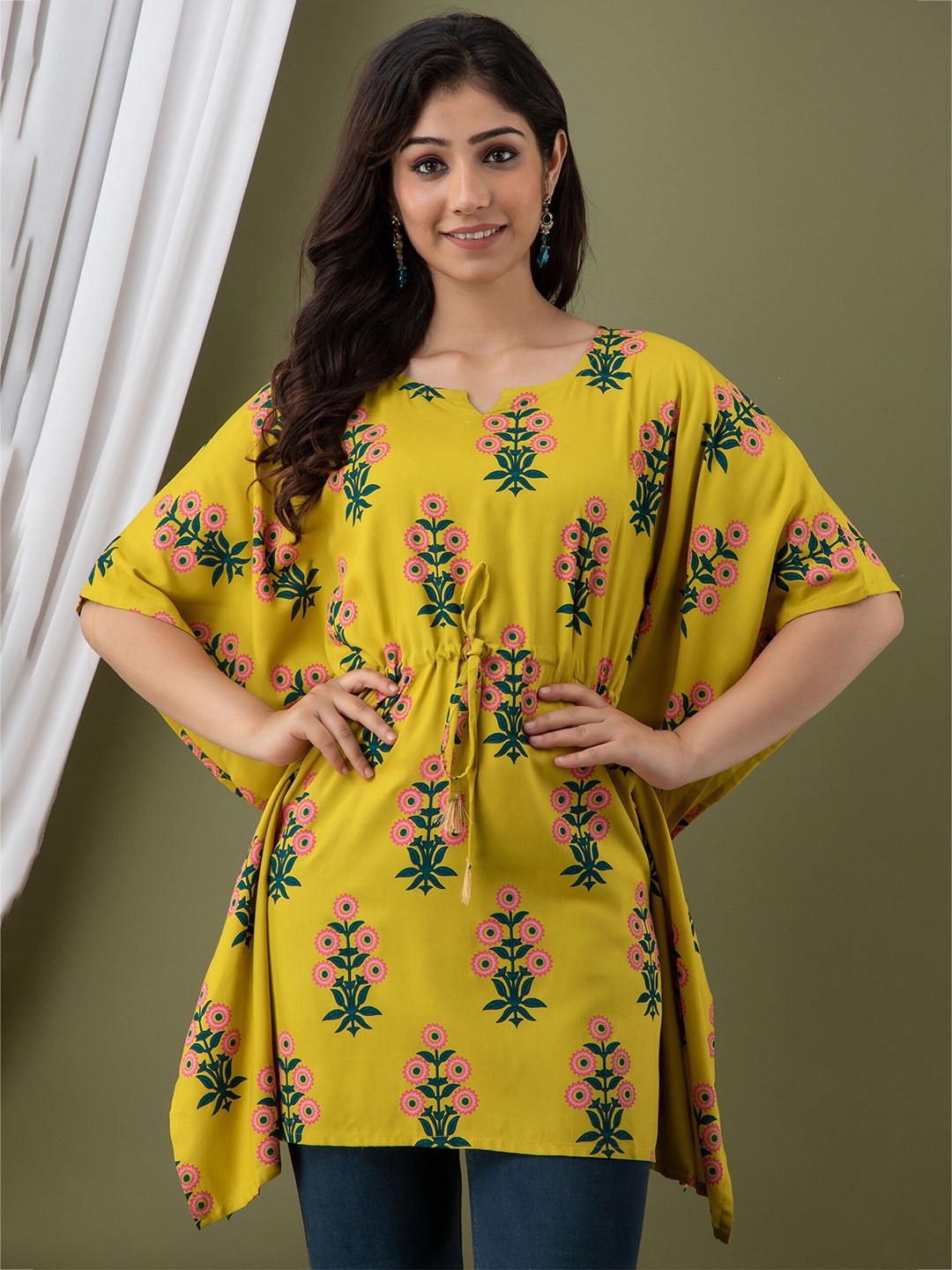 

Mialo fashion Floral Printed Notched Neck Kaftan Kurti, Yellow