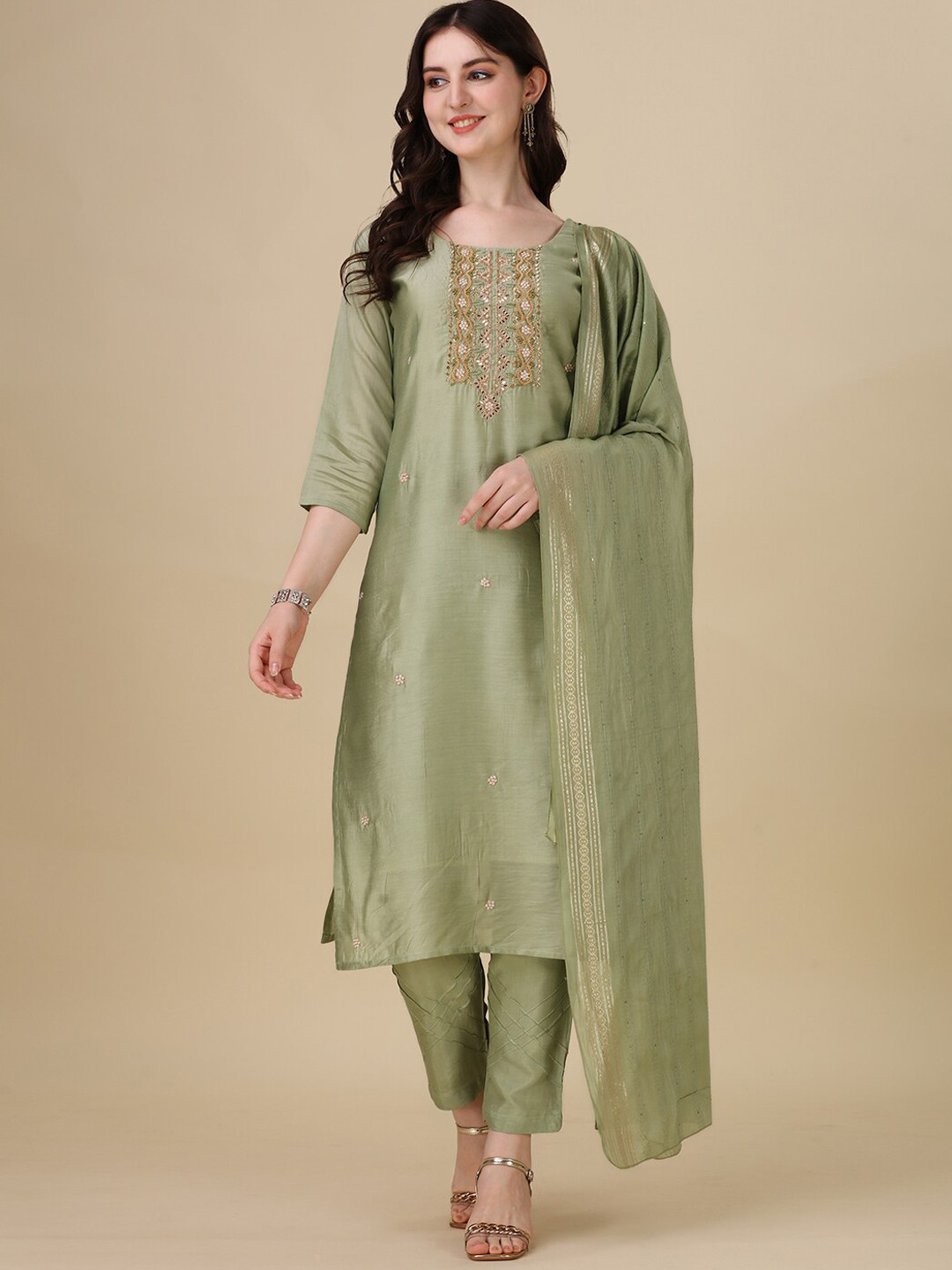 

Berrylicious Floral Embroidered Zardozi Chanderi Cotton Kurta with Trousers & Dupatta, Green