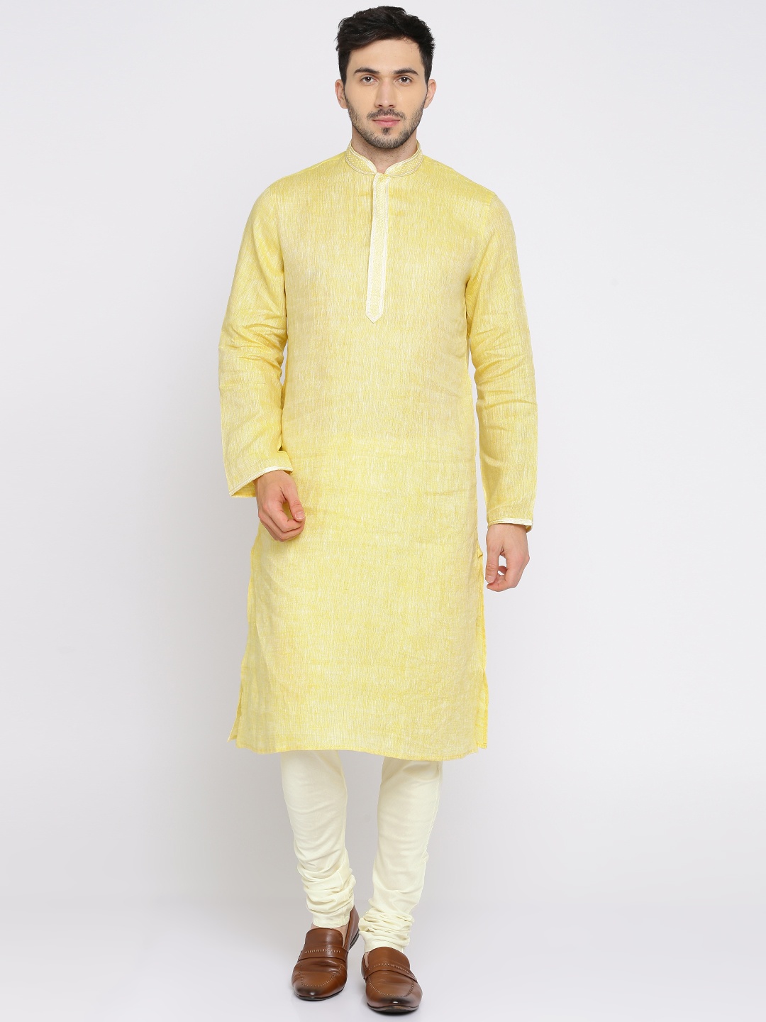 

ethnix by Raymond Men Yellow & Off-White Kurta with Pyjamas