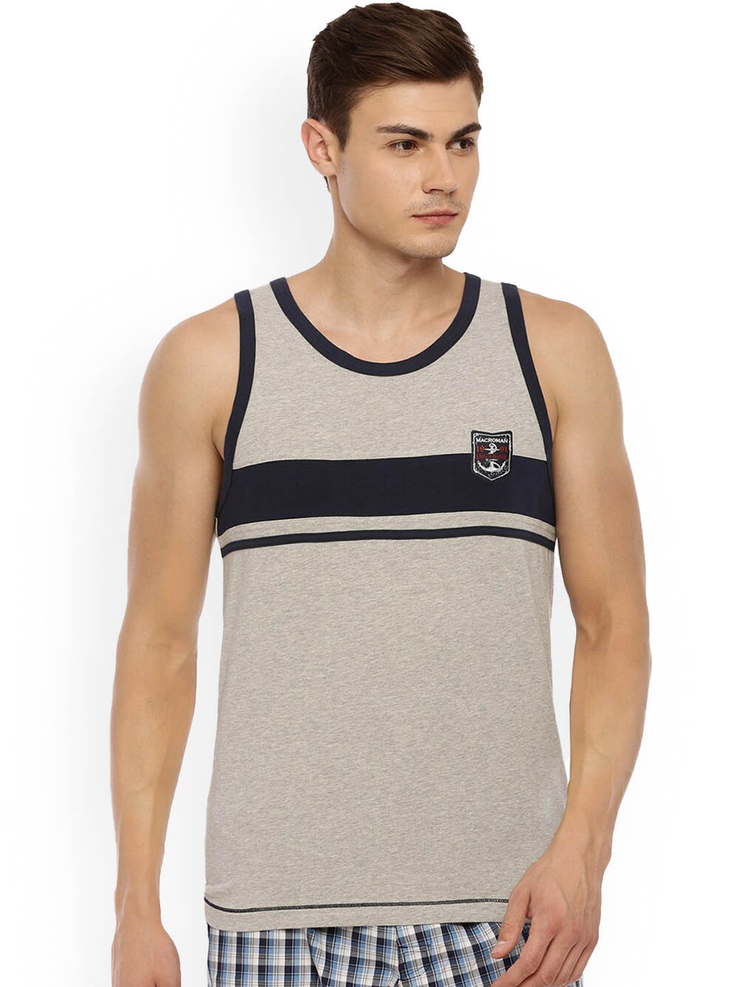 

Macroman M-Series Striped Cotton InnerWear Vests, Grey melange