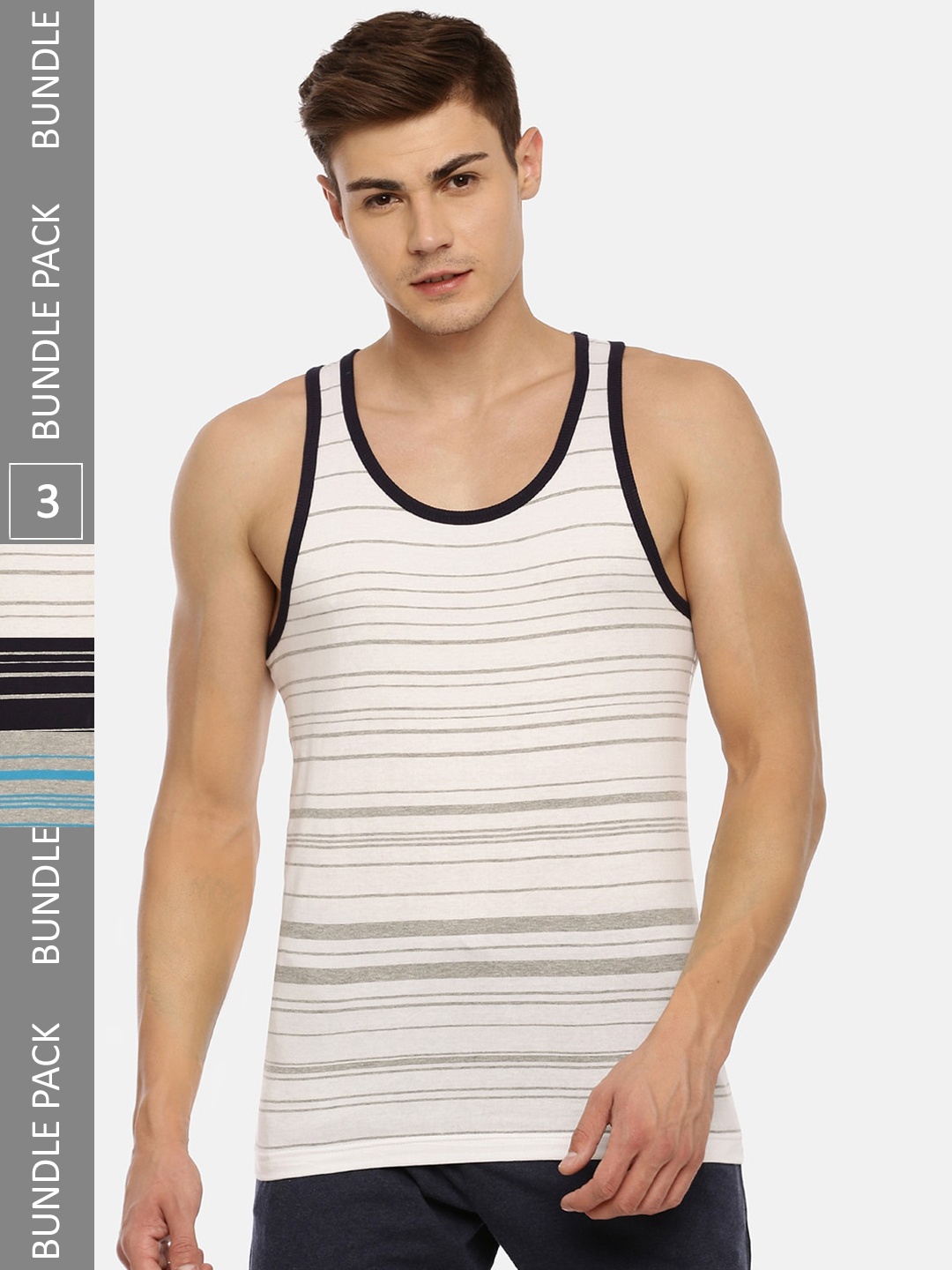 

Macroman M-Series Pack Of 3 Striped Pure Cotton Basic Innerwear Vest, Beige