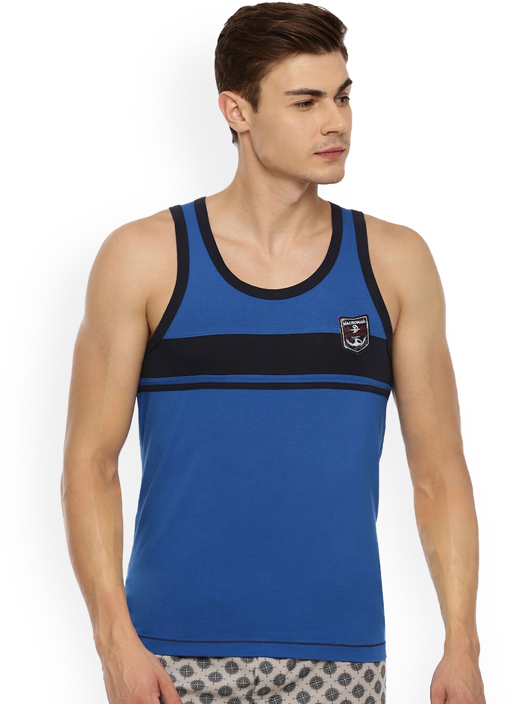 

Macroman M-Series Striped Round Neck Sleeveless Pure-Cotton Innerwear Vests, Blue