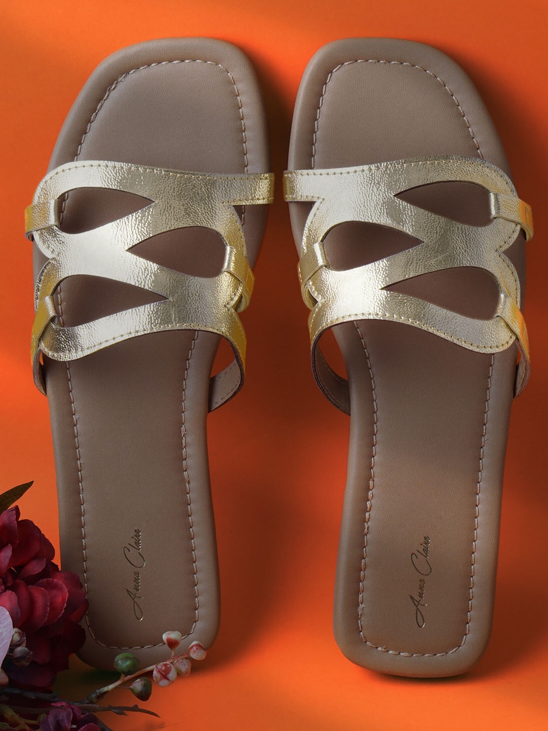 

Anna Claire Women Open Toe Flats With Laser Cuts, Gold