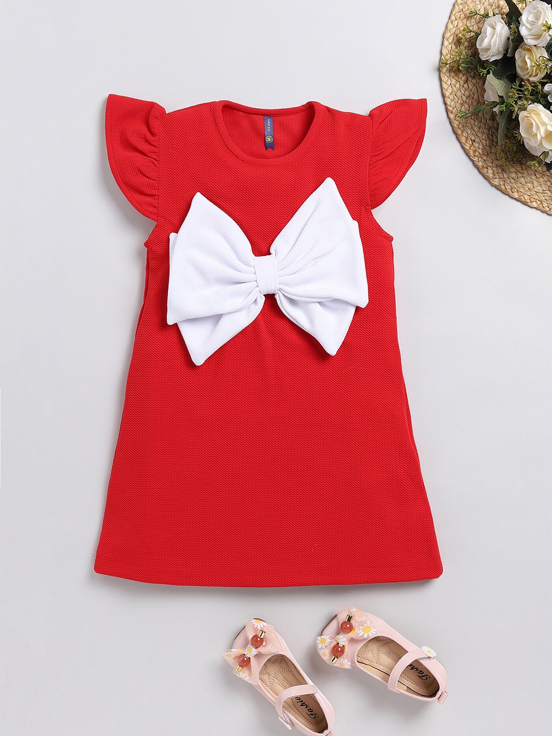 

YK Girls Round Neck Flared Sleeve Cotton Bow A-Line Dress, Red