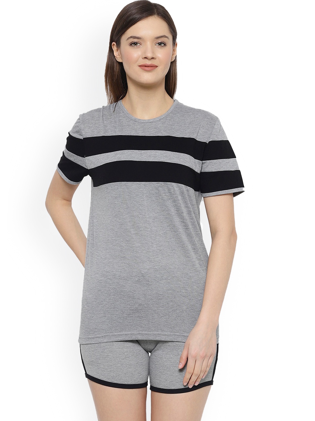 

VIMAL JONNEY Striped Pure Cotton T-shirt With Shorts, Grey