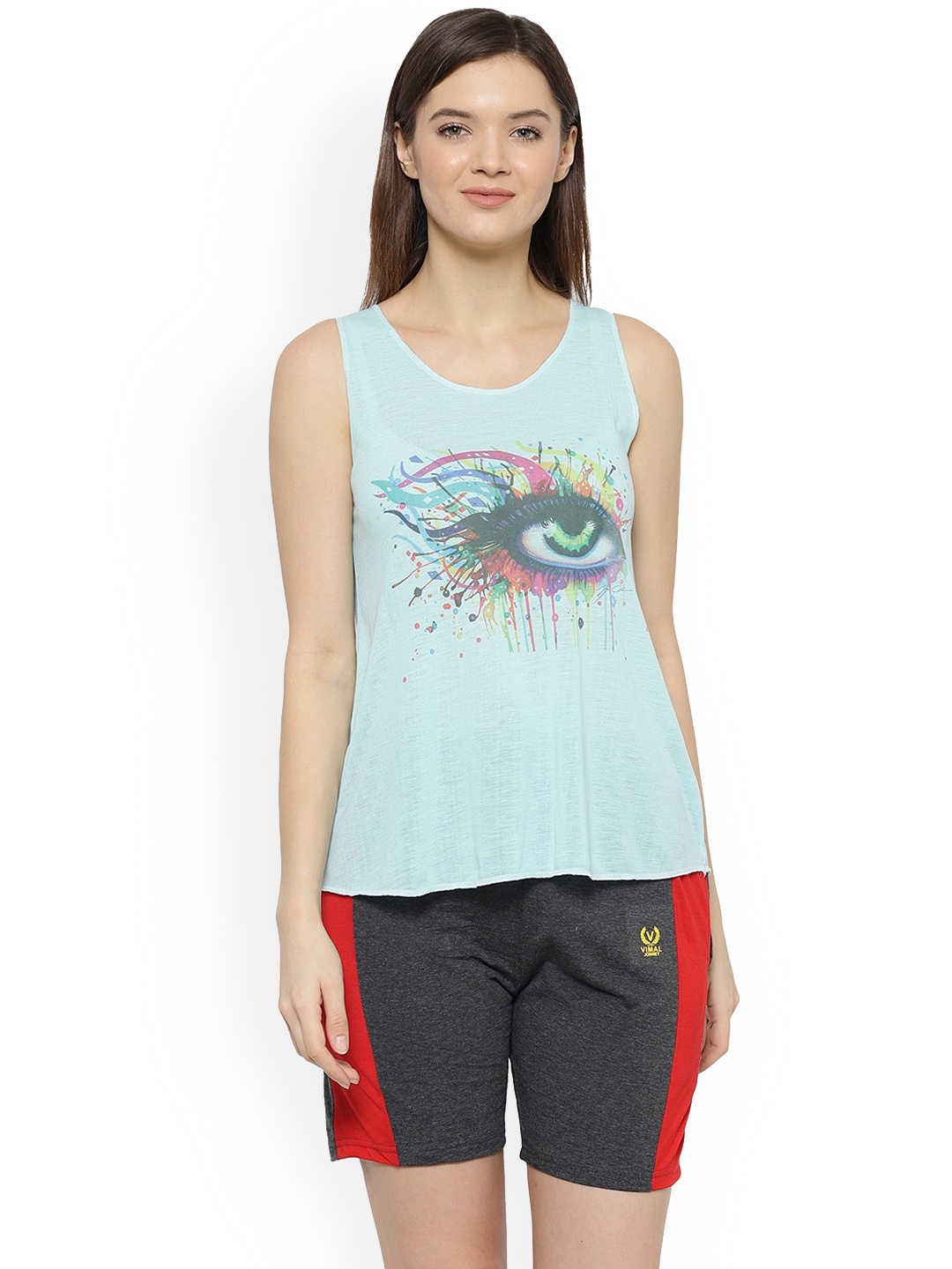 

VIMAL JONNEY Graphic Printed Pure Cotton Sleeveless T-shirt With Shorts, Green