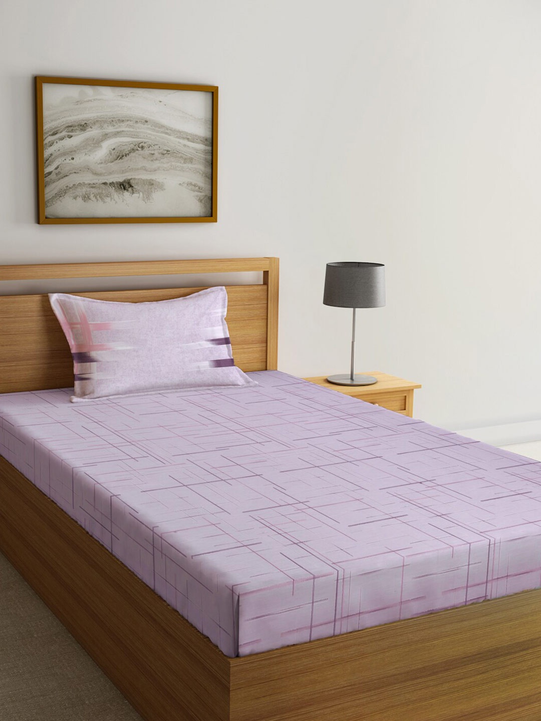

KLOTTHE Purple Abstract 400 TC Cotton Fitted Single Bedsheet With 1 Pillow Cover