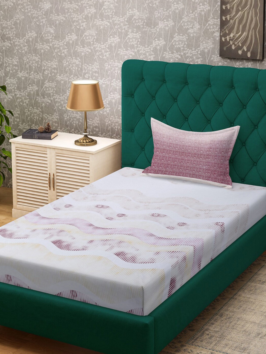 

KLOTTHE White & Maroon Abstract 400 TC Cotton Fitted Single Bedsheet With 1 Pillow Cover