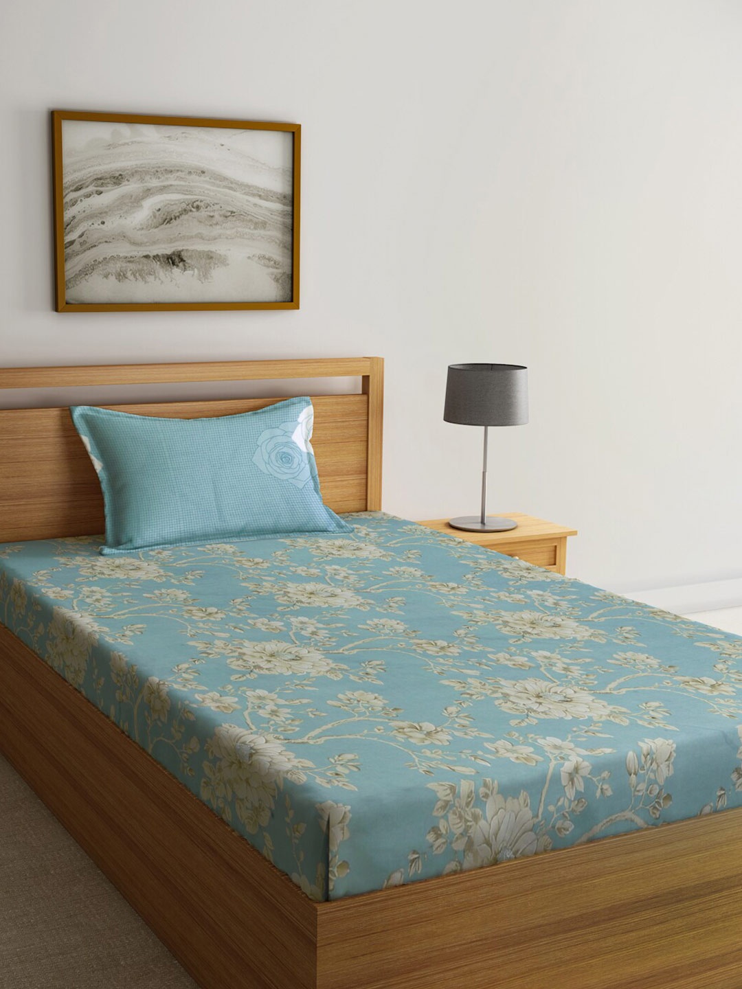 

KLOTTHE Turquoise-Blue Floral 400TC Pure-Cotton Fitted Single Bedsheet With 1 Pillow Cover