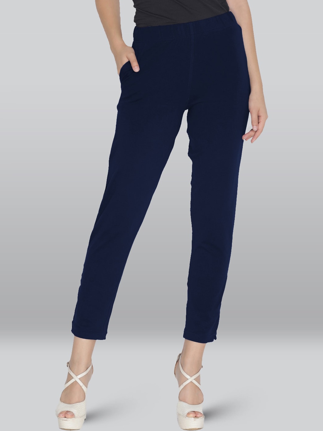 

LYRA Women Smart High-Rise Plain Knitted Cotton Slim Fit Trousers, Navy blue