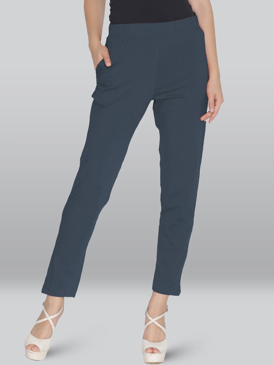 

LYRA Women Smart High-Rise Plain Knitted Cotton Slim Fit Trousers, Grey
