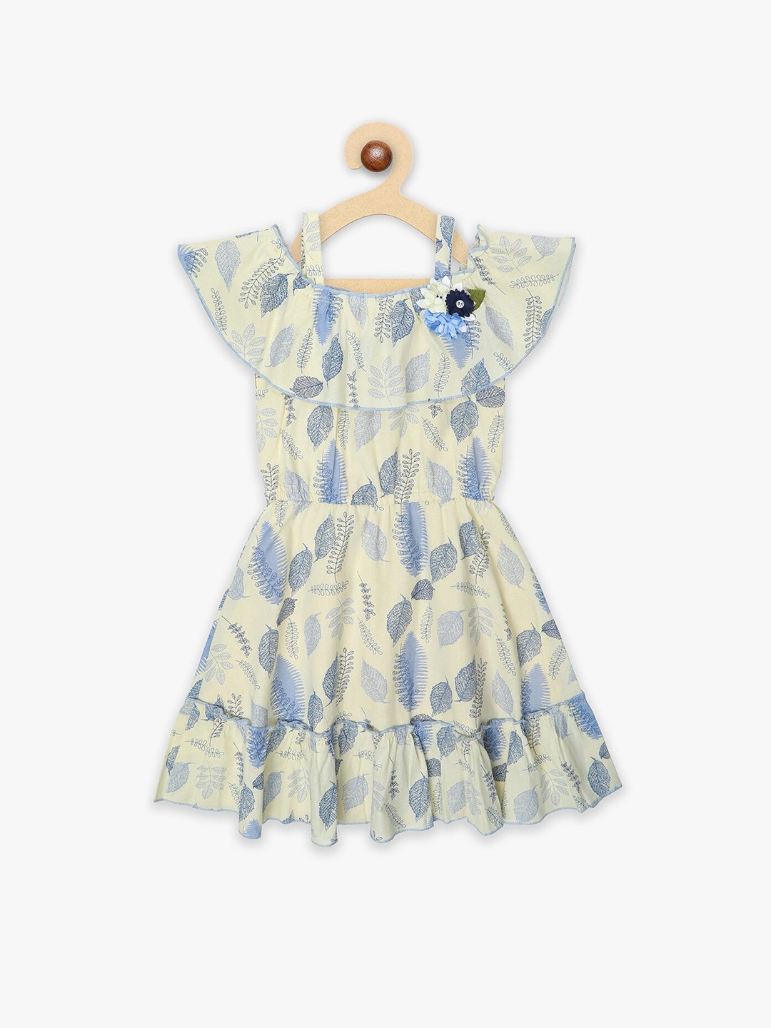 

YK Girls Leaf Print Flutter Sleeve Pure Cotton Fit & Flare Dress, Yellow