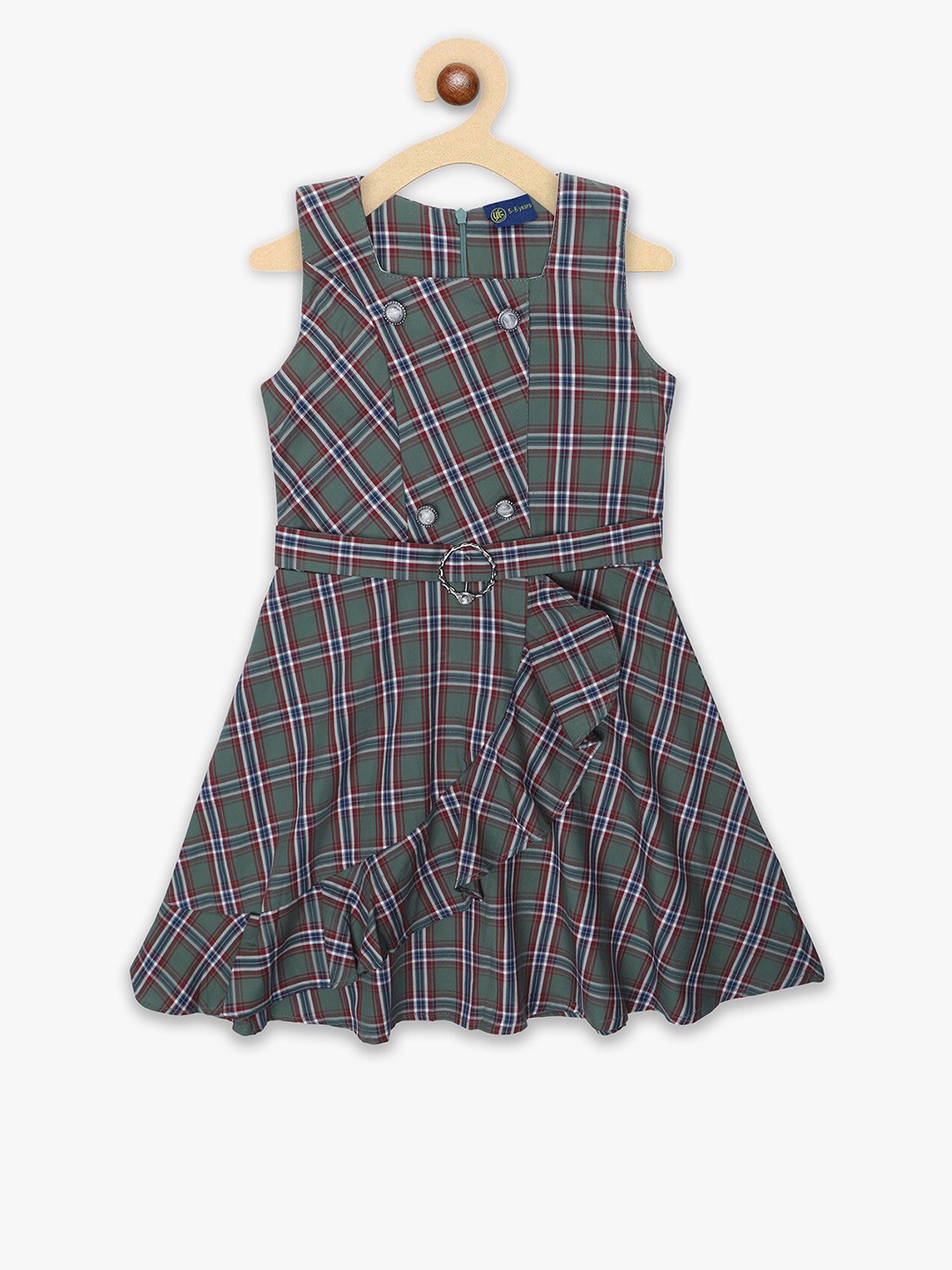 

YK Girls Checked Pure Cotton Fit & Flare Dress, Green