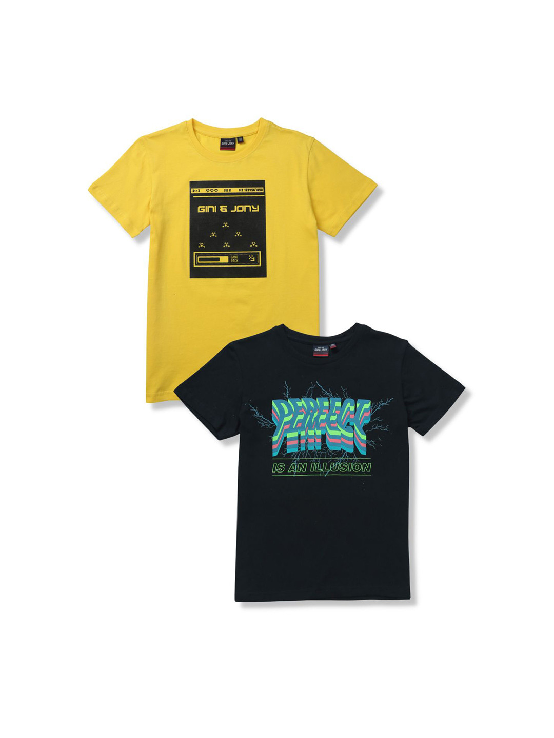 

Gini and Jony Boys Pack Of 2 Typography Printed Cotton T-shirts, Yellow