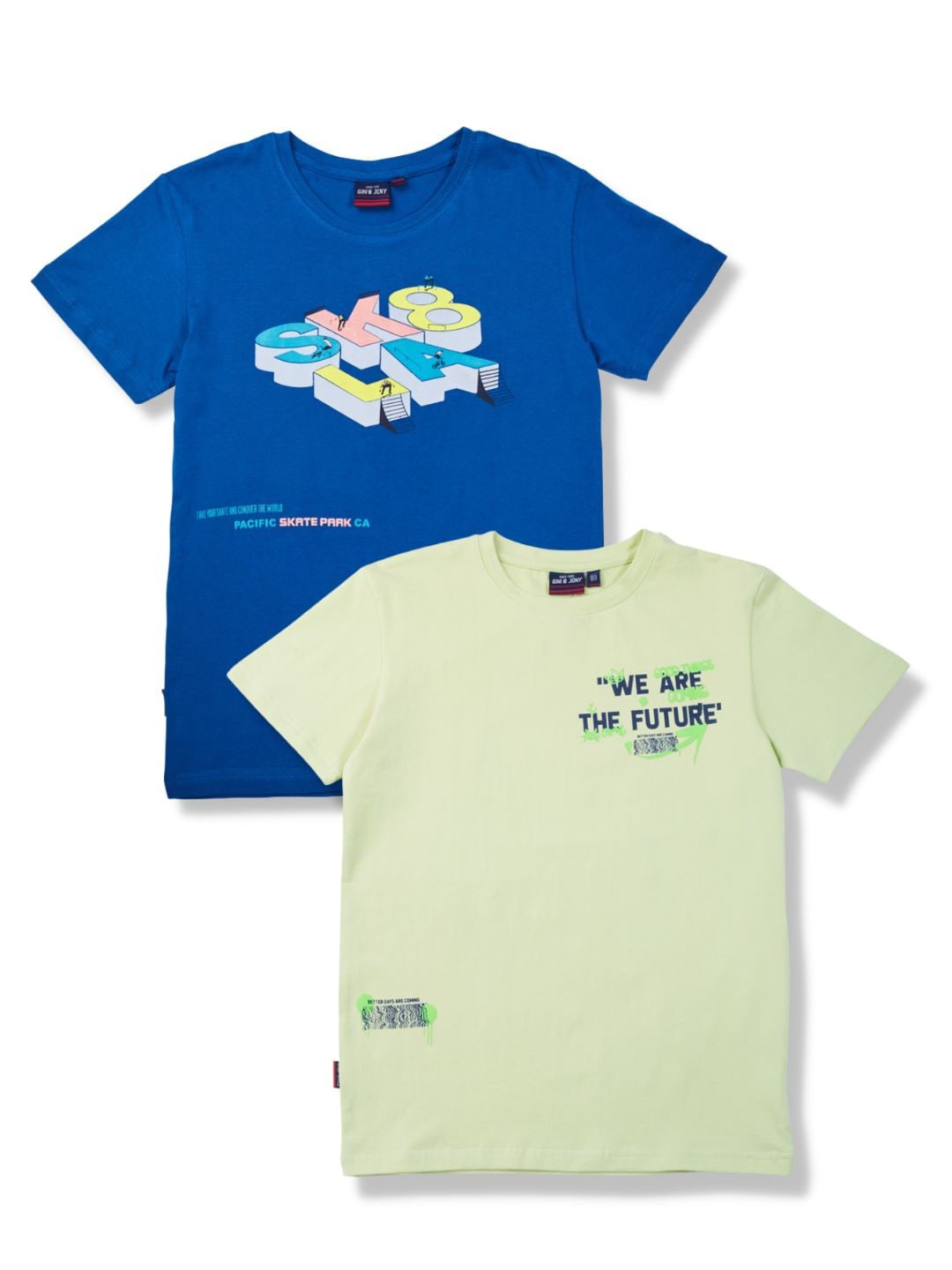 

Gini and Jony Boys Pack Of 2 Typography Printed Cotton T-shirt, Blue