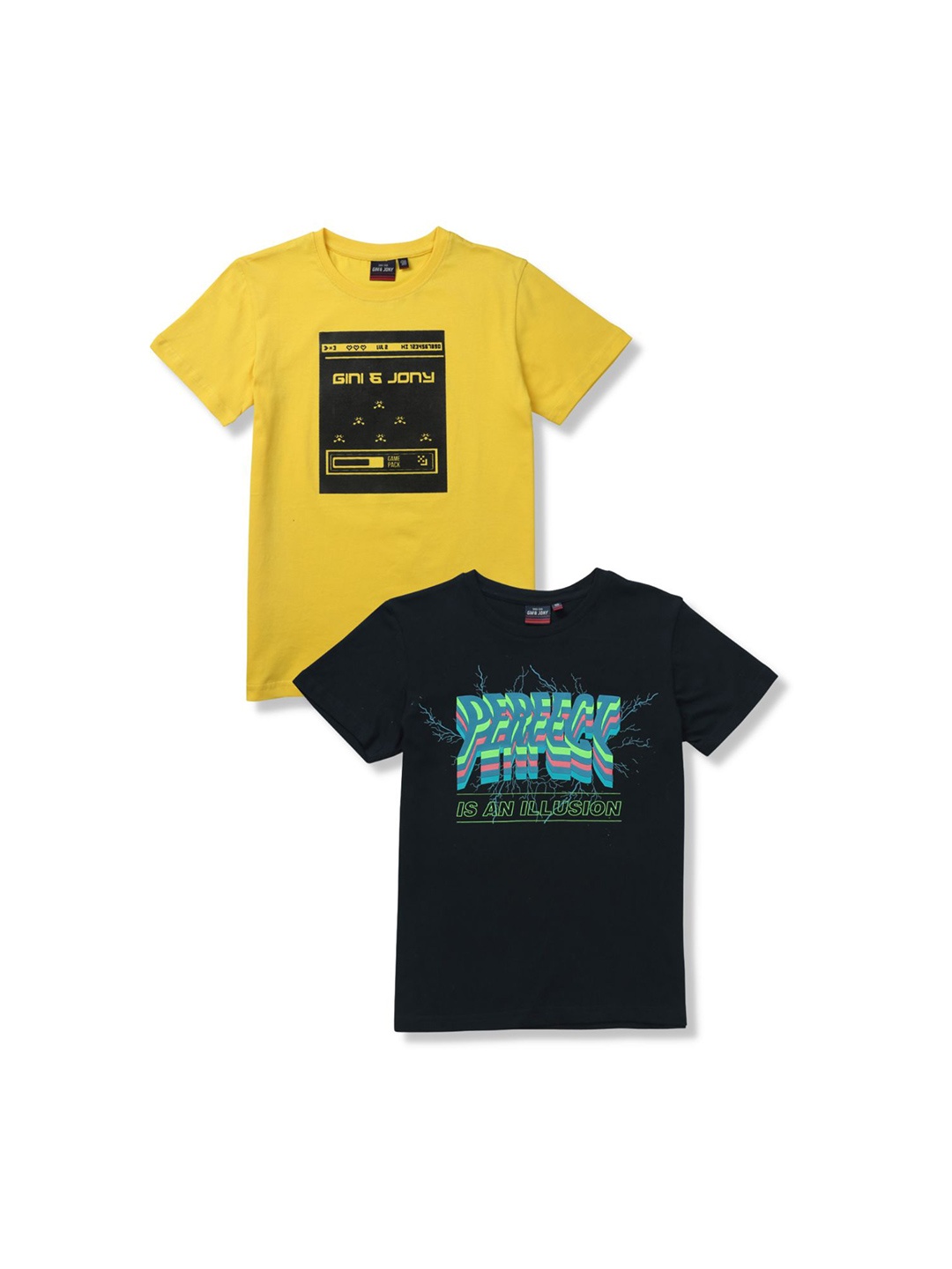 

Gini and Jony Boys Pack Of 2 Typography Printed Cotton T-shirts, Yellow