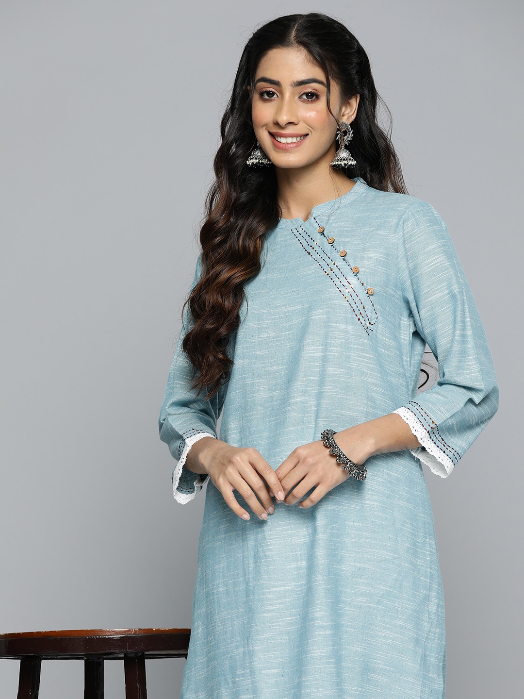 

HERE&NOW Kantha Work Pure Cotton Kurta, Turquoise blue