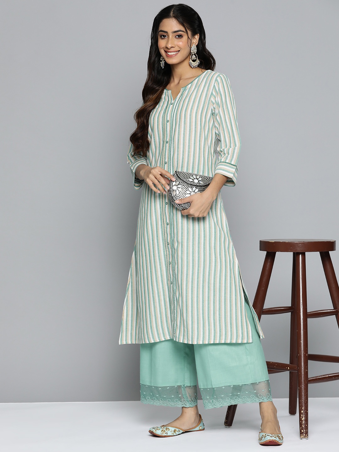 

HERE&NOW Striped Pure Cotton Kurta, Green