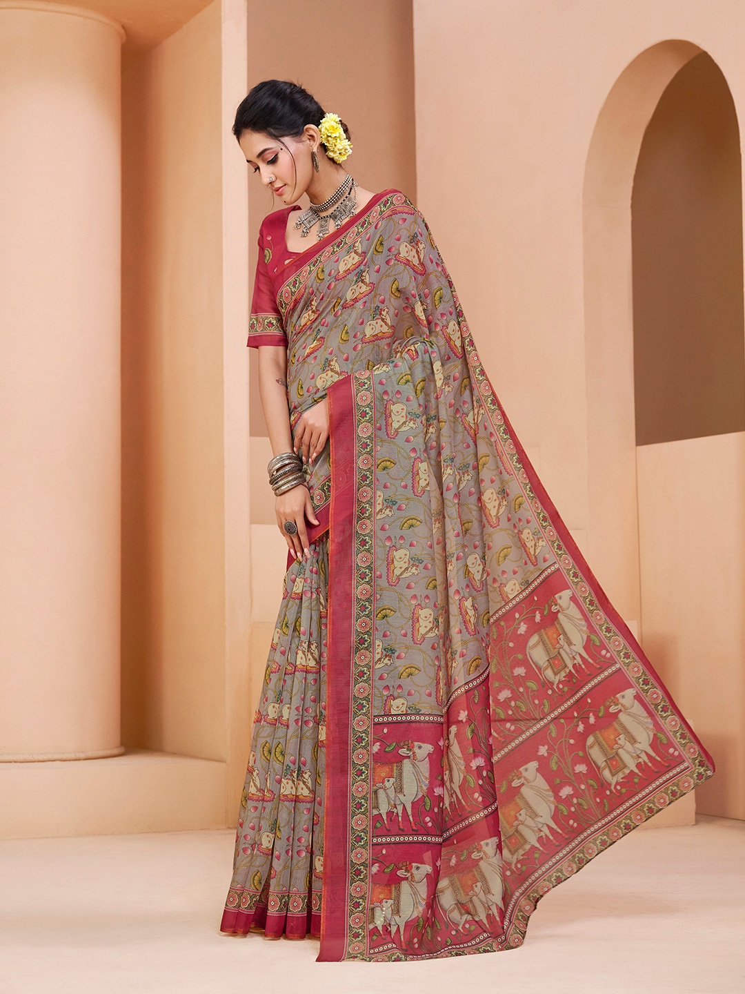 

Sangria Grey & Red Ethnic Printed Chanderi Saree