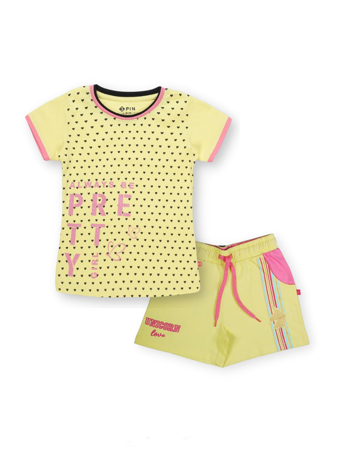 

3PIN Girls Pure Cotton Printed T-Shirt With Shorts, Yellow